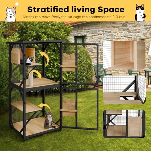 OFIKA Cat House Catio Outdoor Enclosure with Waterproof Roof,71'' cat House & Condos on Wheels for Outdoor Patio,Cat Window Box,Scratching Post（White）