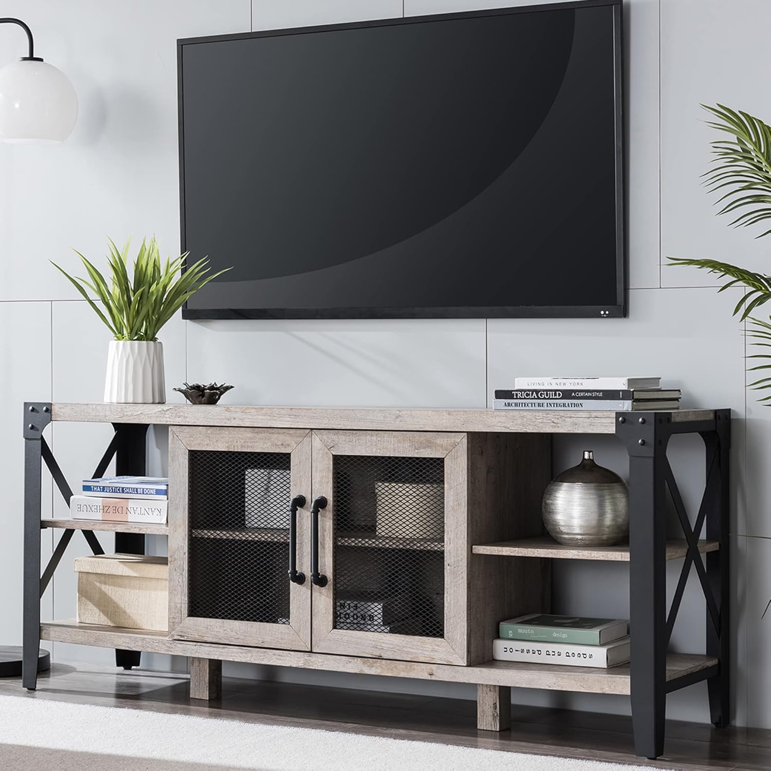 OKD TV Stand Industrial Entertainment Center Rustic Media Console Cabinet Tall High Wood Large Brown for 65 inch TV, with Sturdy Metal Side X-Frame