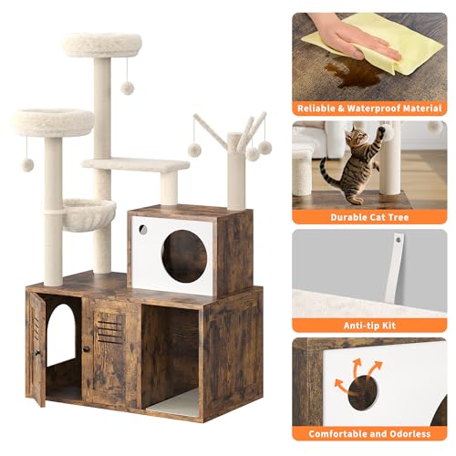 Litter Box Enclosure with Cat Tree Tower and Condo,Hidden Pet Washroom Furniture with Sisal Scratching Post,Hammocks,Condo,Multiple Platform