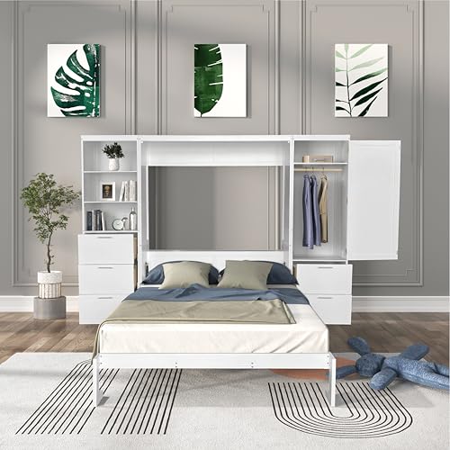 Queen Size Murphy Bed with Desk & Charging Station,Wall Bed Frame Folding into Cabinet Design w/LED & Storage Shelf for Small Space,Bedroom
