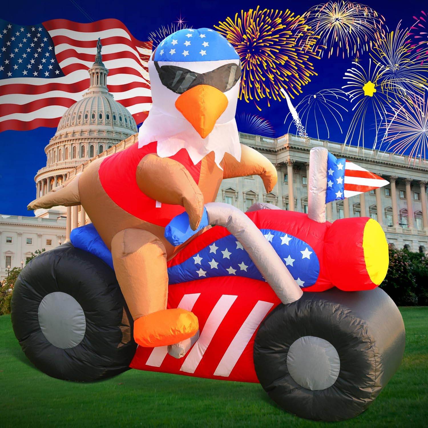 DomKom 6 FT Patriotic Independence Day 4th of July Inflatable Outdoor Decoration, Bald Eagle Sitting on Motorcycle