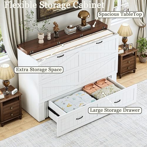 Full Murphy Bed with Storage & Charging Station, Farmhouse Murphy Cabinet Bed with Large Drawer, Hideaway Foldable Platform Bed for for Guest Room