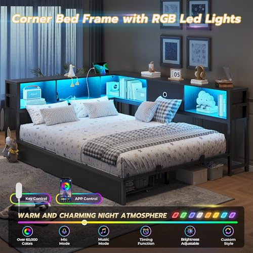 DICTAC Corner Full Bed Frame with Bookcase Storage and Led Lights Full Size Metal Platform Bed Frame with Storage Drawers & Charging Station Full