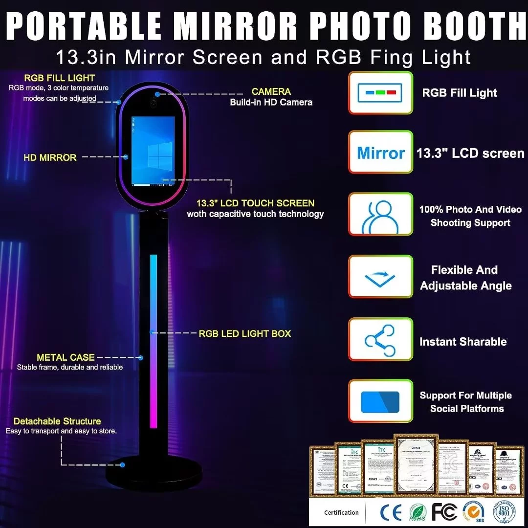 Black 13.3 In Portable Touch Mirror Photo Booth  Built-in Mini PC & Camera Photo Booth with Round Ring Light and Flight Case for Events Wedding