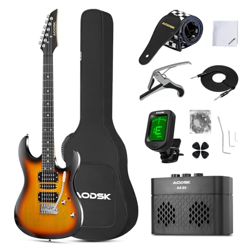 AODSK Electric Guitar with Amp Beginner Kit 39 Inch Solid Body Full Size,All Accessories,Digital Tuner,Six Strings,Four Picks,Tremolo Bar,Strap