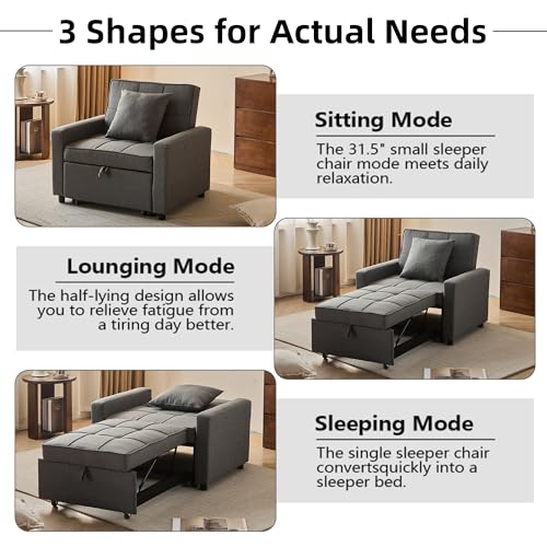 Sofa Bed Chair Convertible ，Sleeper Sofa with Pull-Out Bed ，3-in-1 Futon Couch with Reclining Backrest and Side Pocket (Blue, 35.6‘)