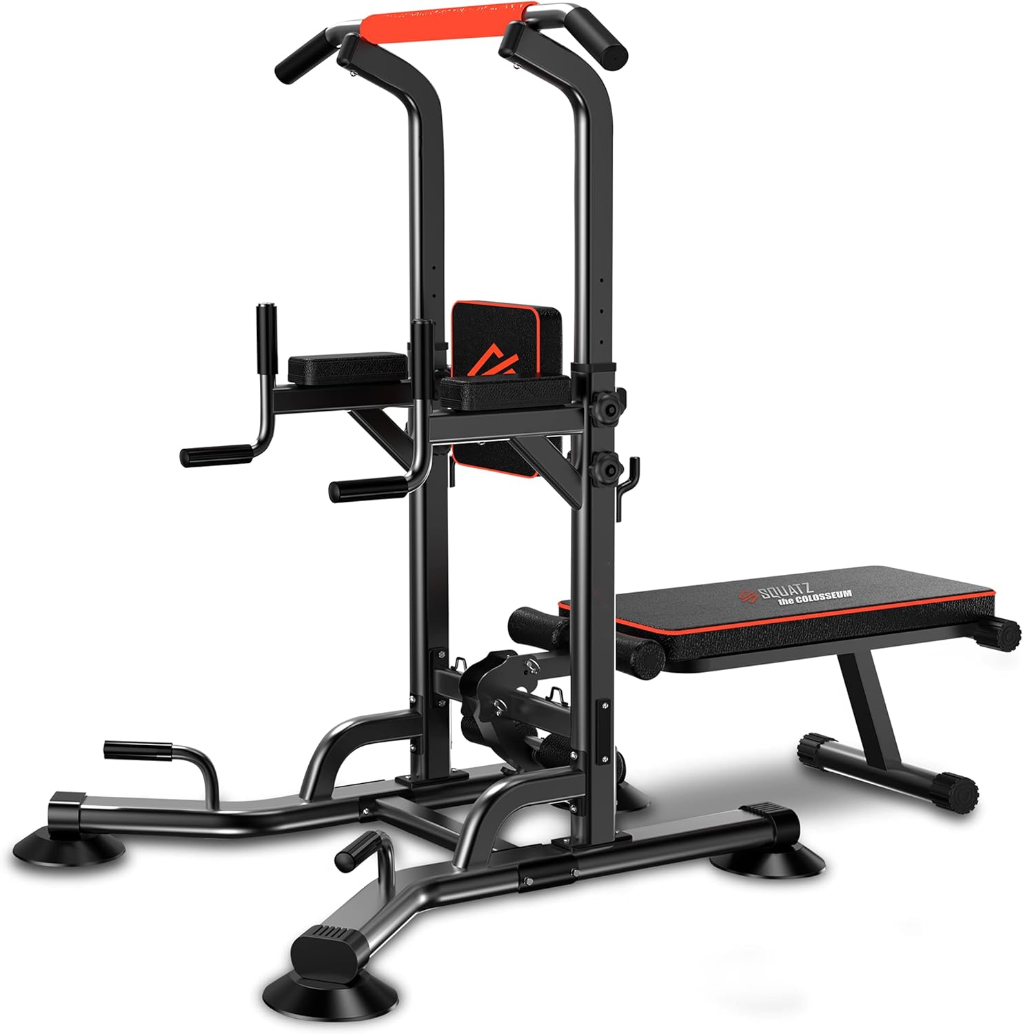 SQUATZ Pull-Up Workout Station with Bench - Multifunctional Gym Equipment Setup w/Pulling Bar, Sit-Up Board, Backrest, Elbow Pad, & Steel Main Frame