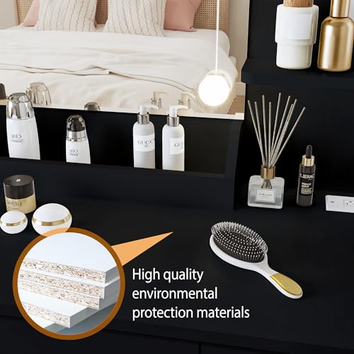 Vanity Desk with Mirror and Lights Dimmable LED Makeup Table with Drawers Side Cabinet 3 Storage Shelves Power Outlet Dressing Table Set Include