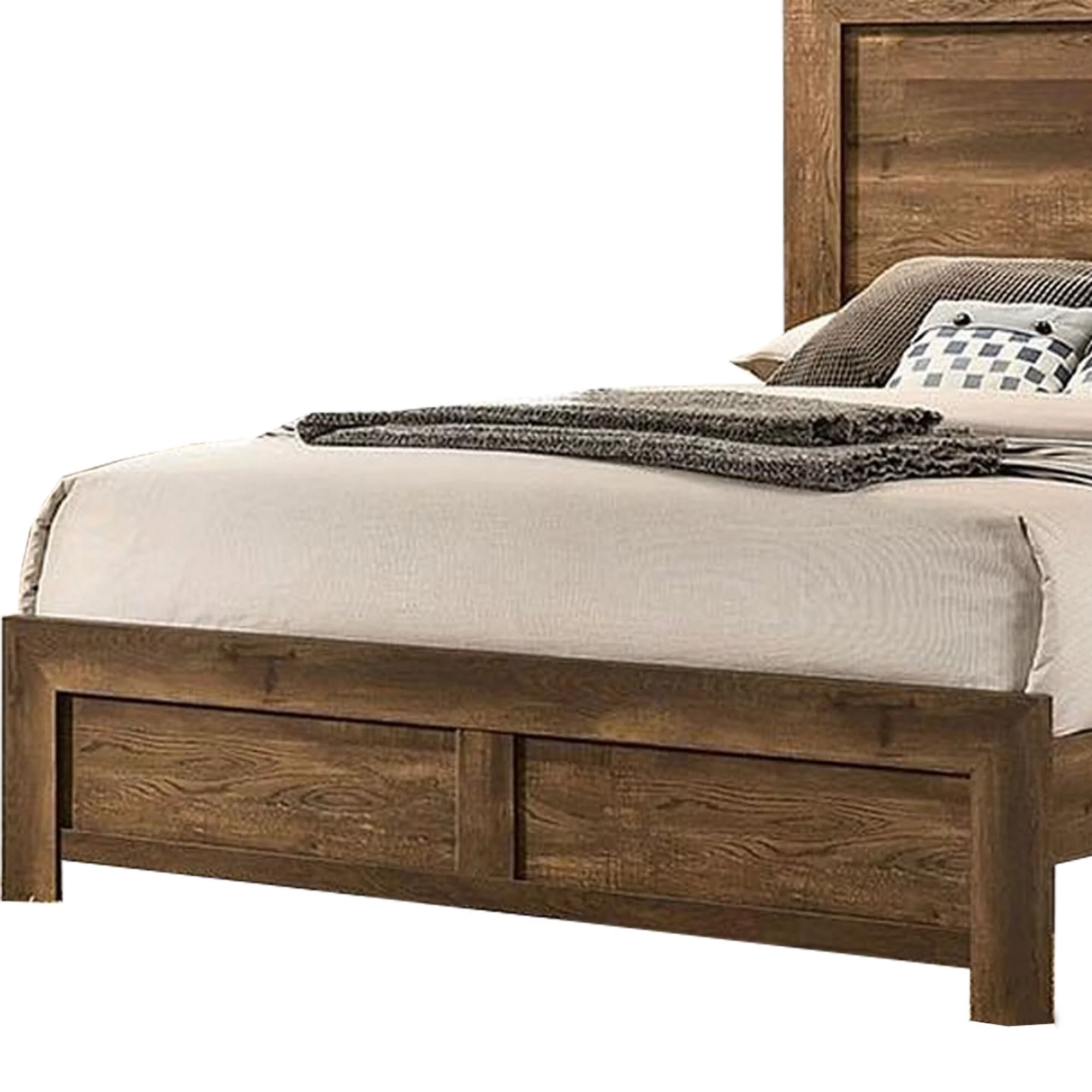 Rustic Style Wooden Queen Bed with Grain Details, Brown