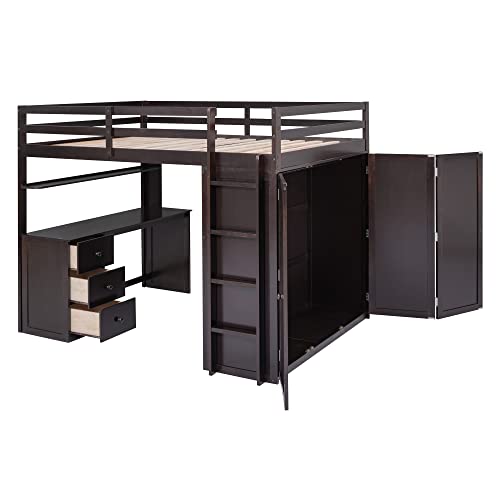Harper & Bright Designs Full Size Loft Bed with Desk and Wardrobe, Solid Wood Loft Bed Frame with Storage Drawers, for Kids Teens Adults (White)