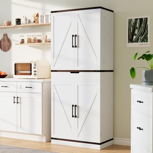 72" Tall Storage Cabinet, Kitchen Pantry Cabinet with Adjustable Shelves & Sturdy Steel Frame, Farmhouse Pantry Storage with 4 Barn Doors for Kitchen