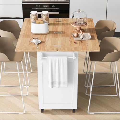 55.7'' Large Kitchen Island with 2 Drop Leaf, Rolling Kitchen Cart on 5 Wheels with Power Outlet