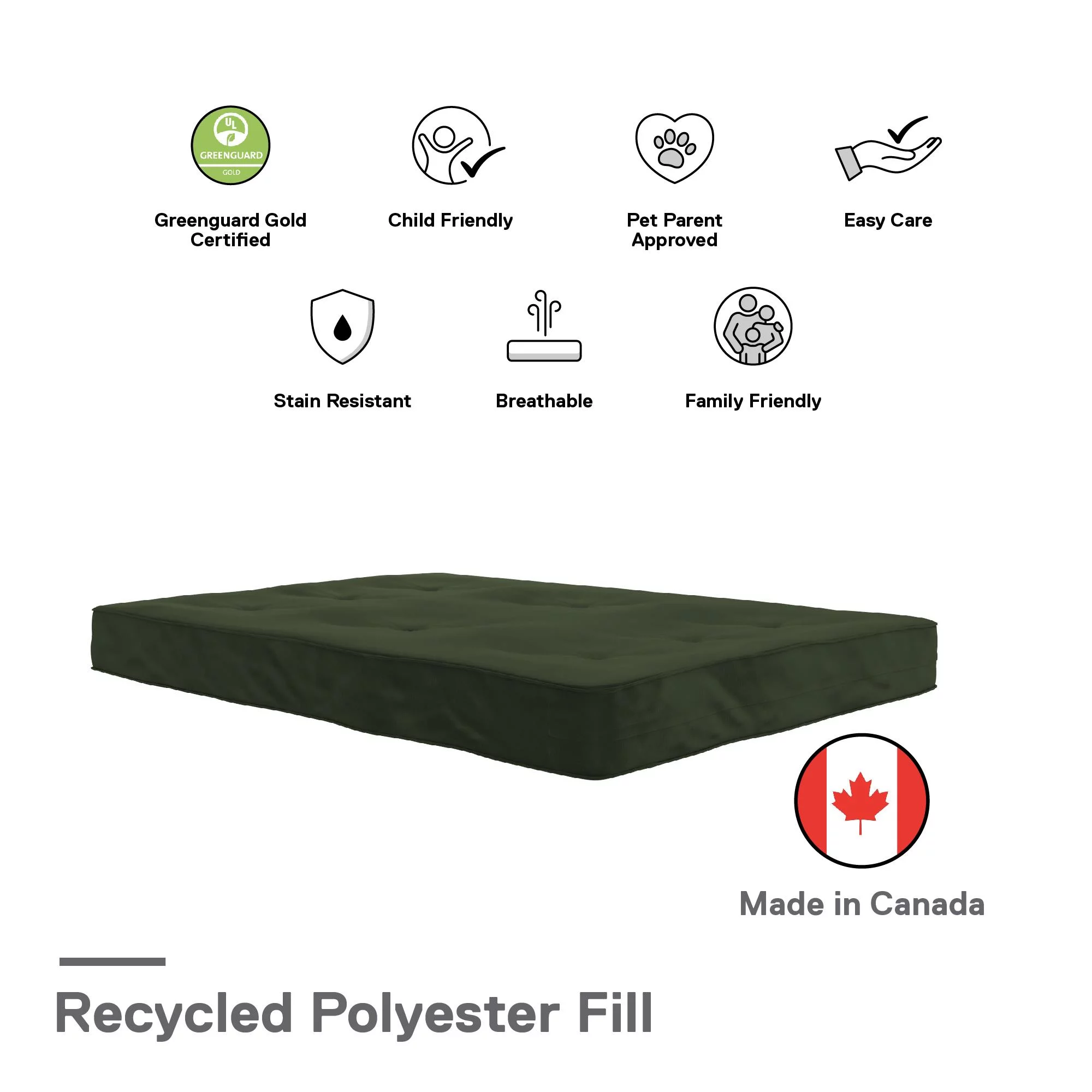 DHP Caden 6 Inch Futon Mattress with Tufted Cover and Recycled Polyester Fill, Full, Army Green