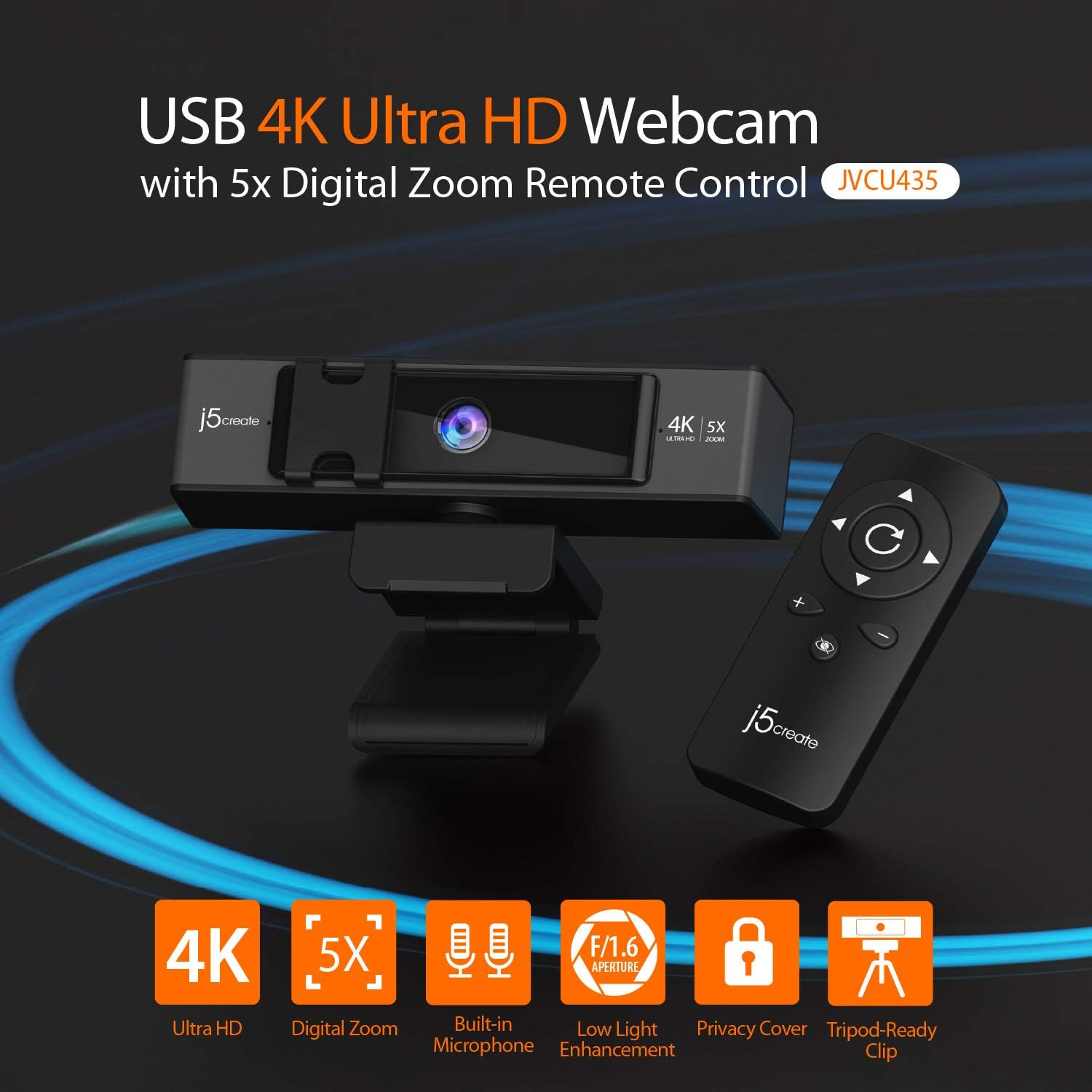 j5create 4K Ultra HD Webcam with 5X Digital Zoom, Privacy Cover, Low Light Enhancement, Dual High-Fidelity Microphones, Remote Control