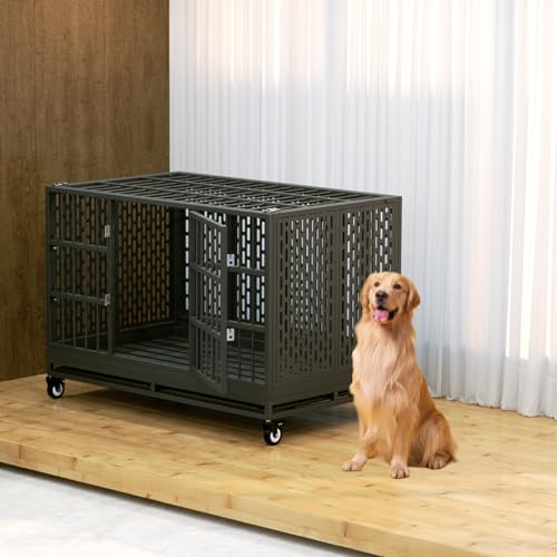 48/42/38 Inch Heavy Duty Dog Crate with Wheels, Folding Metal Big Dog Cage for Large and Medium Dogs