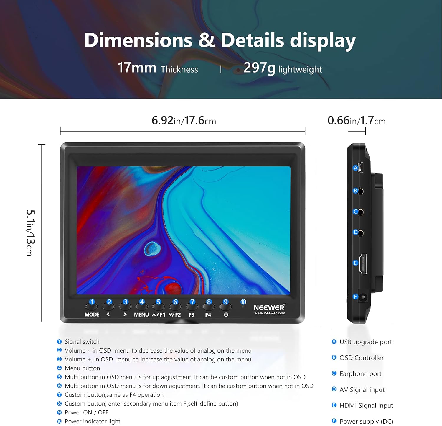 Neewer F100 7inch Camera Field Monitor HD Video Assist IPS 1280x800 4K HDMI Input 1080p with Sunshade and Ball Head for DSLR Cameras