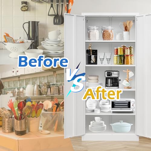 Metal Storage Cabinet, 72" H x 36" W x 18" D Locking Cabinet with Adjustable Shelves, Steel Storage Cabinets for Garage, Home, Office, Pantry (White)