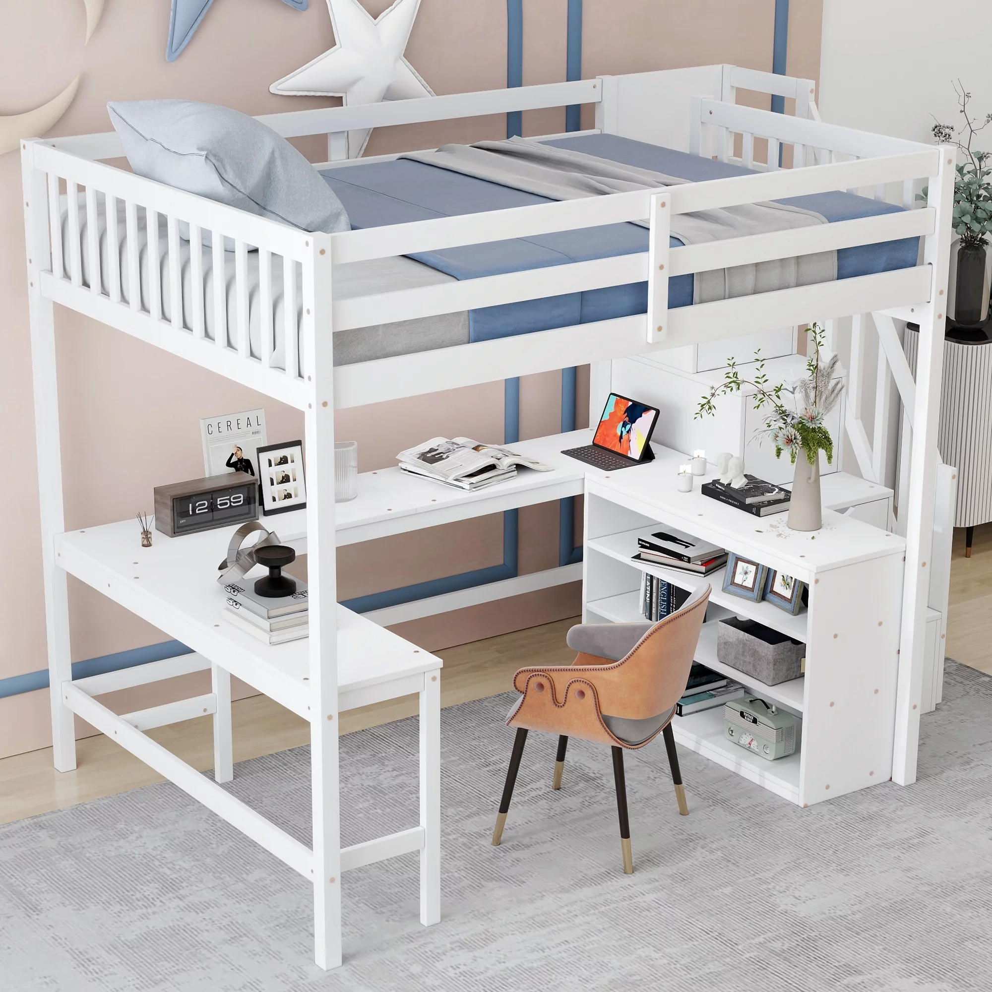 EUROCO Wood Full Size Loft Bed with Desk, Shelf and Storage Staircase for Kids Teens Adults, Built-in Desk with Bookscase for Working Station