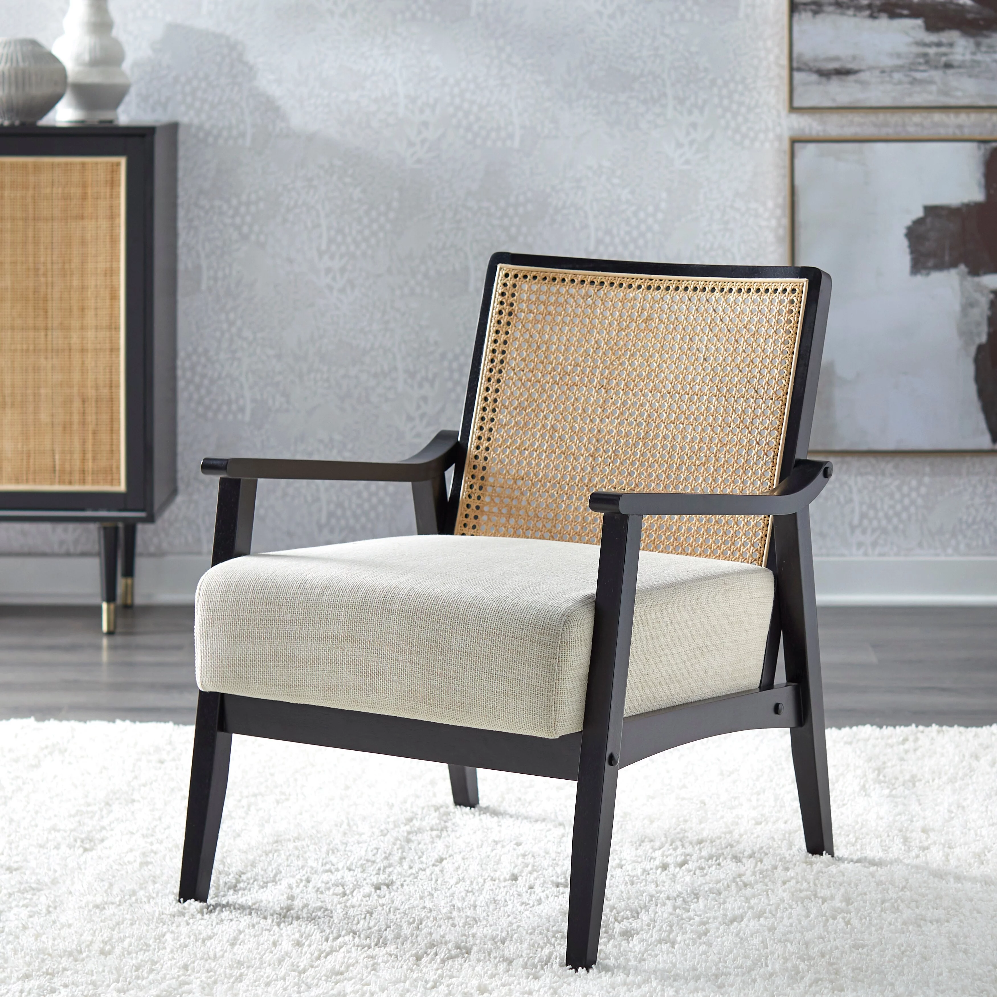 Lifestorey  Serena Cane and Solid Wood Accent Chair Black