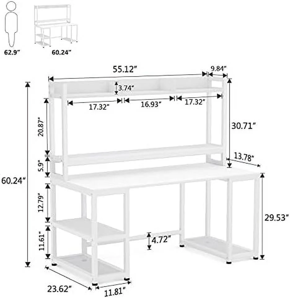 55 Inches Computer Desk with Hutch and Monitor Stand Riser  Rustic Industrial Desk Computer Table Studying Writing Desk Workstation with  Shelves
