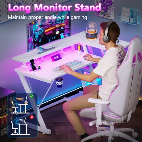 55 Inch Gaming Desk with Power Outlet & LED Lights, L Shaped Gamer Computer Table with Storage Shelves for Bedroom, Corner Home Office Desk