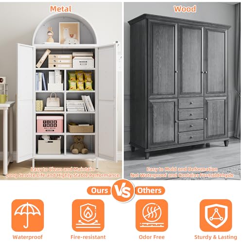 Tall Kitchen Pantry Cabinet, Metal Display Storage Cabinets with 4 Doors/2 Drawers for Kitchen Home Office Living Room, Assembly Required