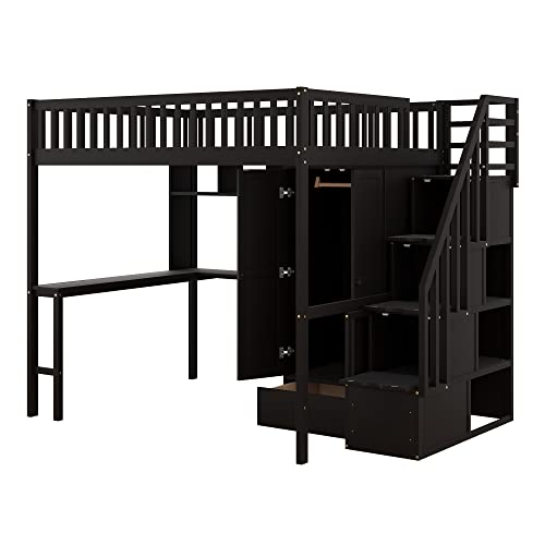 Twin Loft Bed with Staircase, Desk and Wardrobe, Wood Loft Bed with Storage Shelves and Safety Guardrail