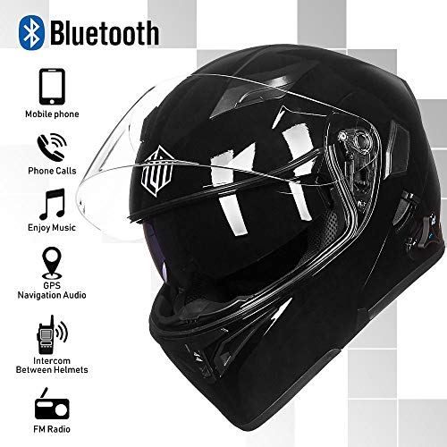 ILM Bluetooth Motorcycle Helmet Modular Flip up Full Face Dual Visor Mp3 Intercom FM Radio DOT Model 902BT(Matte Black, Large)