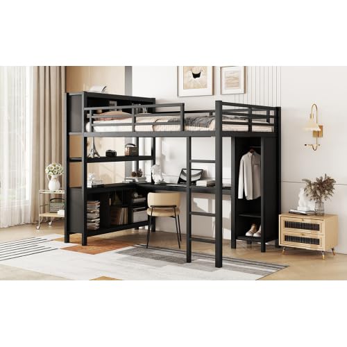 Metal Loft Bed with Wardrobe and L-Shaped Desk, Full Size Loft Bed with Storage Cubes and Shelves, Heavy Duty Loft Bed for Kids Teens, White