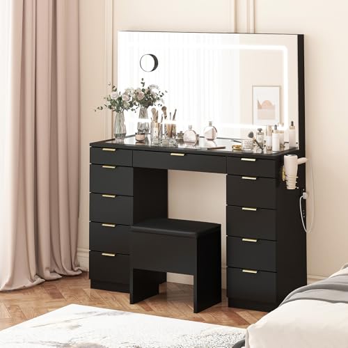 Farmhouse Vanity Desk with Sliding Lighted Mirror & Stool, Vanity Dresser Combo, Large Makeup Vanity with 8 Storage Shelves, 5 Drawers