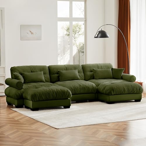 130" Modular Sectional Sofa,Velvet Upholstered Couches for Living Room,3 Seater Green Sofa Couch with Movable Ottoman
