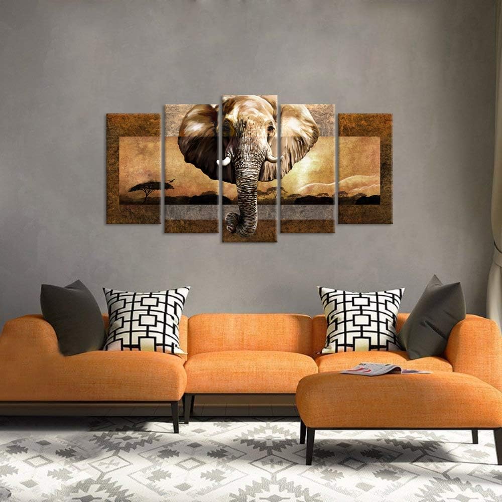 iHAPPYWALL Large 5 Pieces African Animal Canvas Wall Art Wild Elephant African Landscape Artwork Painting on Canvas For Modern Home Bedroom Decor