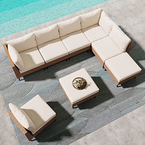 LAUSAINT HOME Outdoor Patio Furniture, 8 Piece Outdoor Sectional Sofa PE Rattan Wicker Patio Conversation Sets