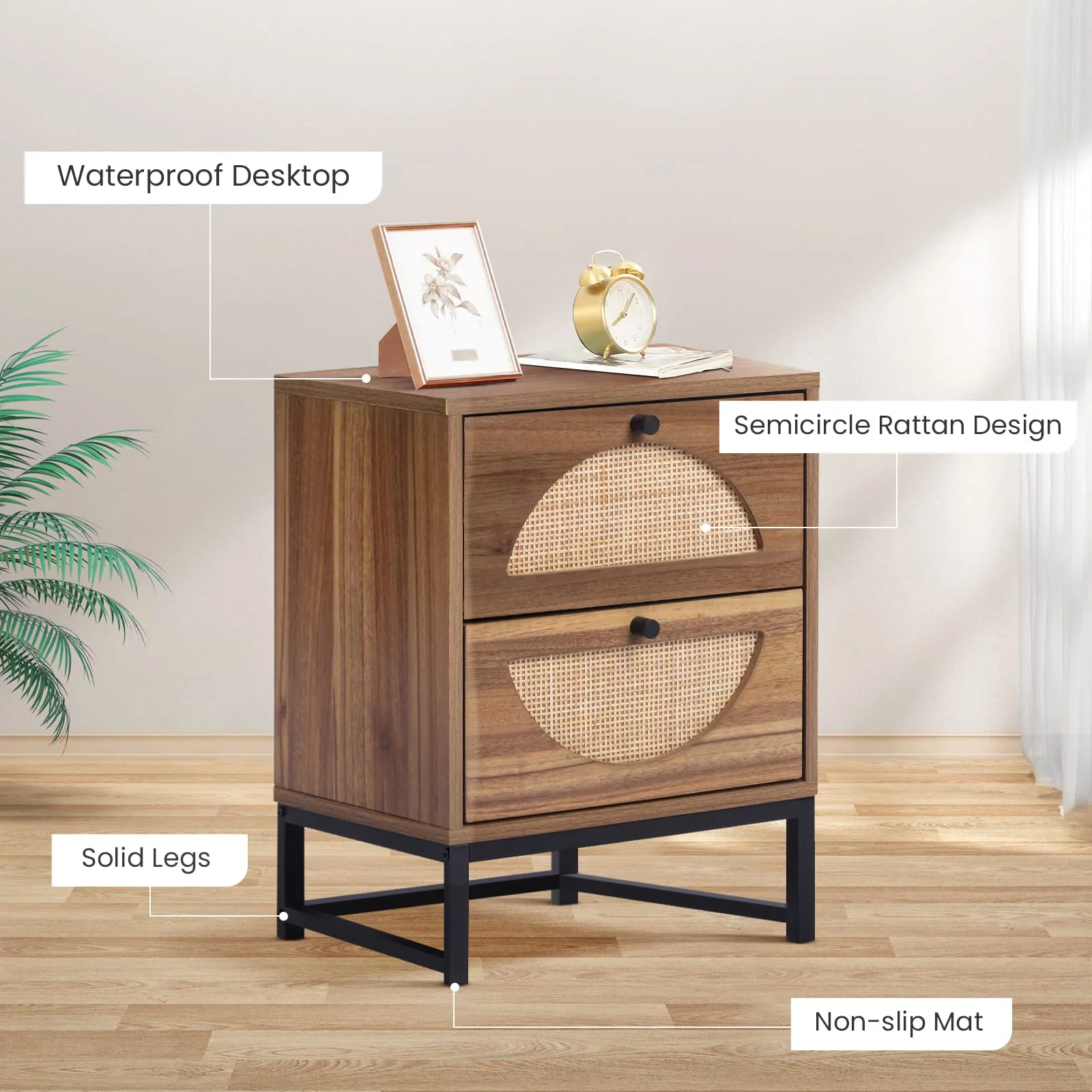 AWQM Rattan Nightstand with 2 Drawer, 2-Pieces Farmhouse End Table Small Accent Table with Storage,Wood Bedside Table Accent Cabinet for Small Space
