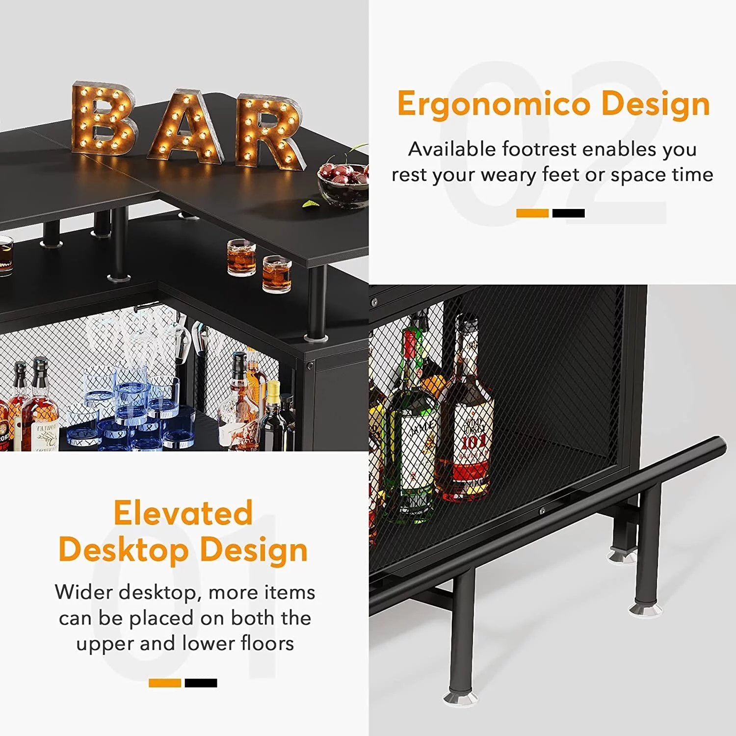 L-shape Home Bar Unit, Liquor Bar Table with 2-Tier Storage - N/A Black
