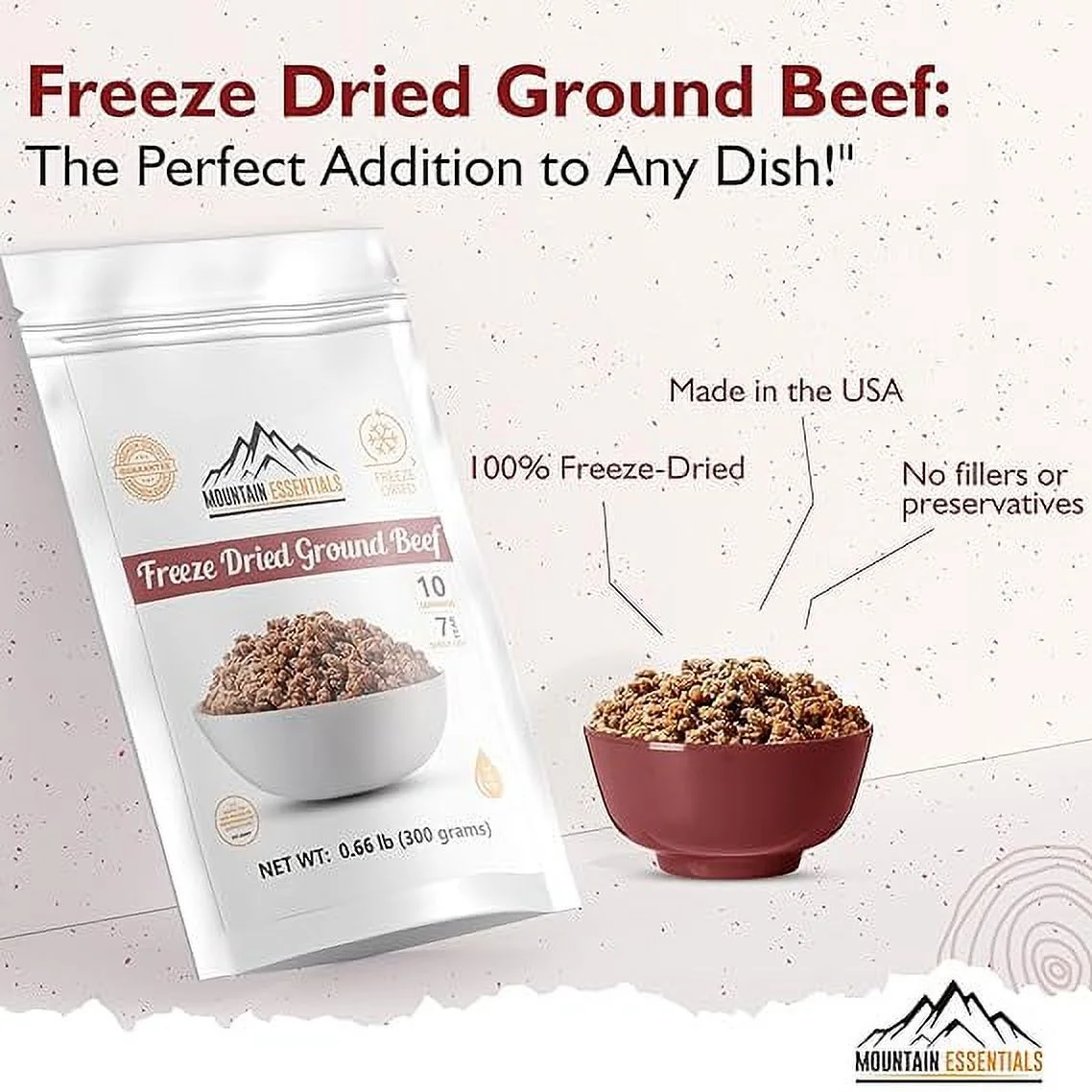 (Pack of 12) MOUNTAIN ESSENTIALS Freeze Dried Ground Beef Fully Cooked | Ready to Eat | No Water Added | No Preservatives | Survival & Emergency Food
