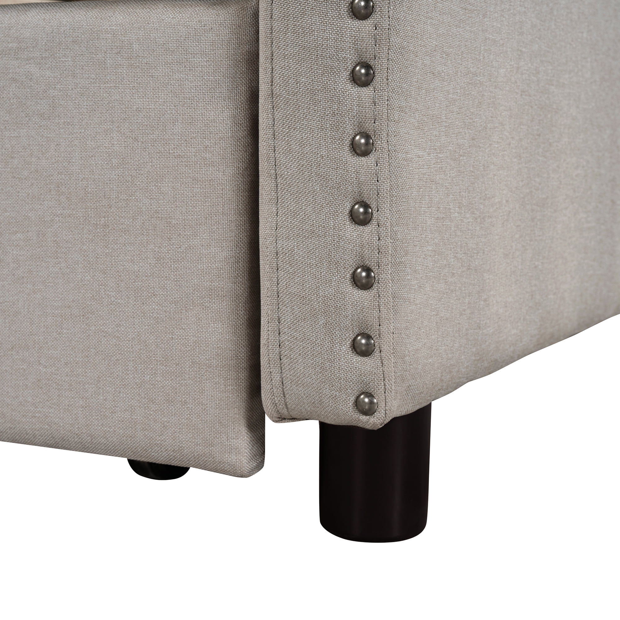 Beige Twin Size Upholstered Daybed with Twin Size Trundle, Wood Slat Support