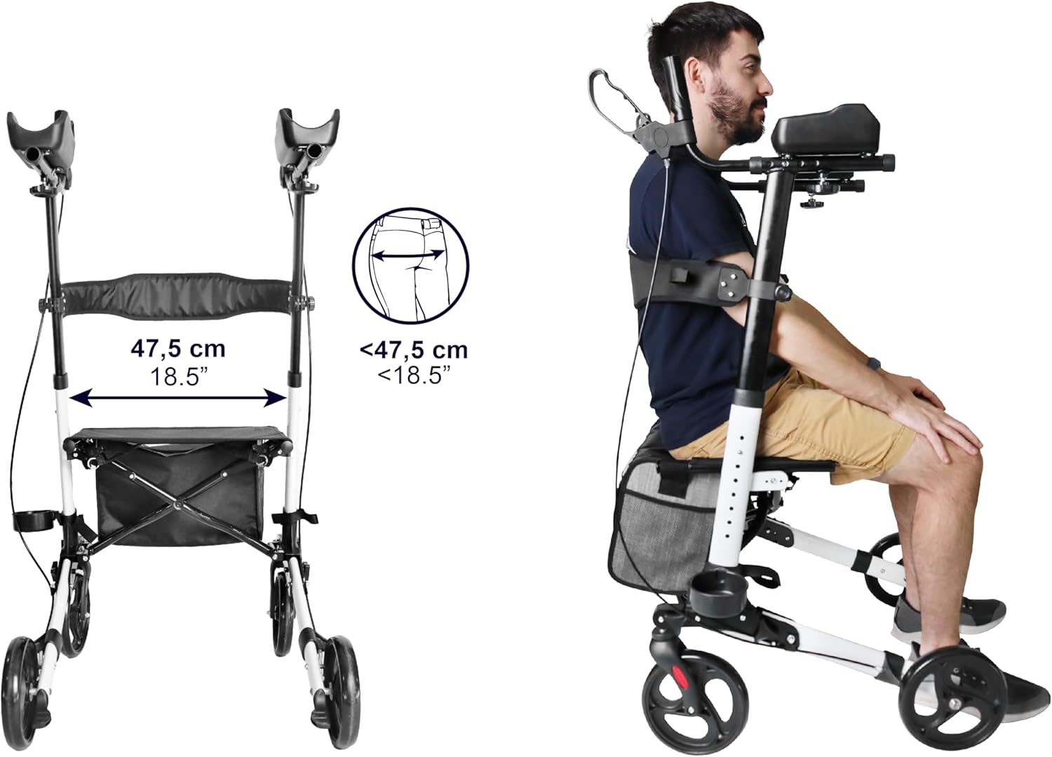 KMINA - Upright Rollator Walker with Seat and Back Support, Folding Stand Up Walkers for Seniors with Armrest, Upright Walkers for Elderly Adjustable