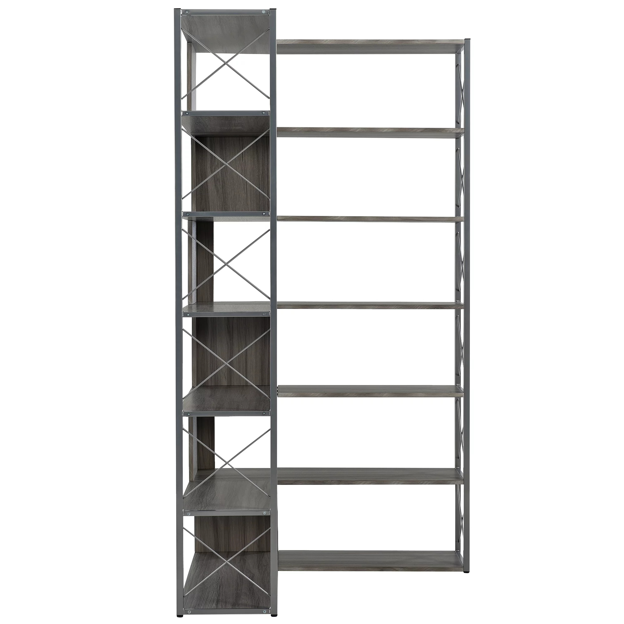 Industrial 7 Tier L-Shaped Corner Bookshelf, Large Home Office Bookcase with Metal Frame, Tall Storage Shelf Display Rack