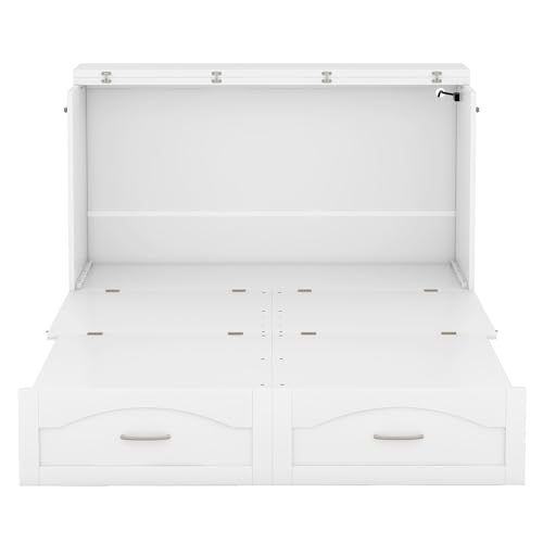 Queen Size Murphy Wall Bed with Storage, Bookcase Headboard, Solid Wood Cabinets, Shelves, Drawers and USB Ports