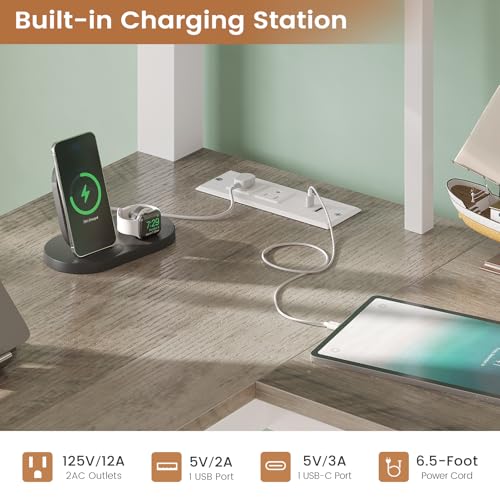 VIAGDO Loft Bed Twin Size with Hall Tree, Charging Station and LED Lights, Metal Loft Bed with L-Shaped Desk, 5 Storage Drawers