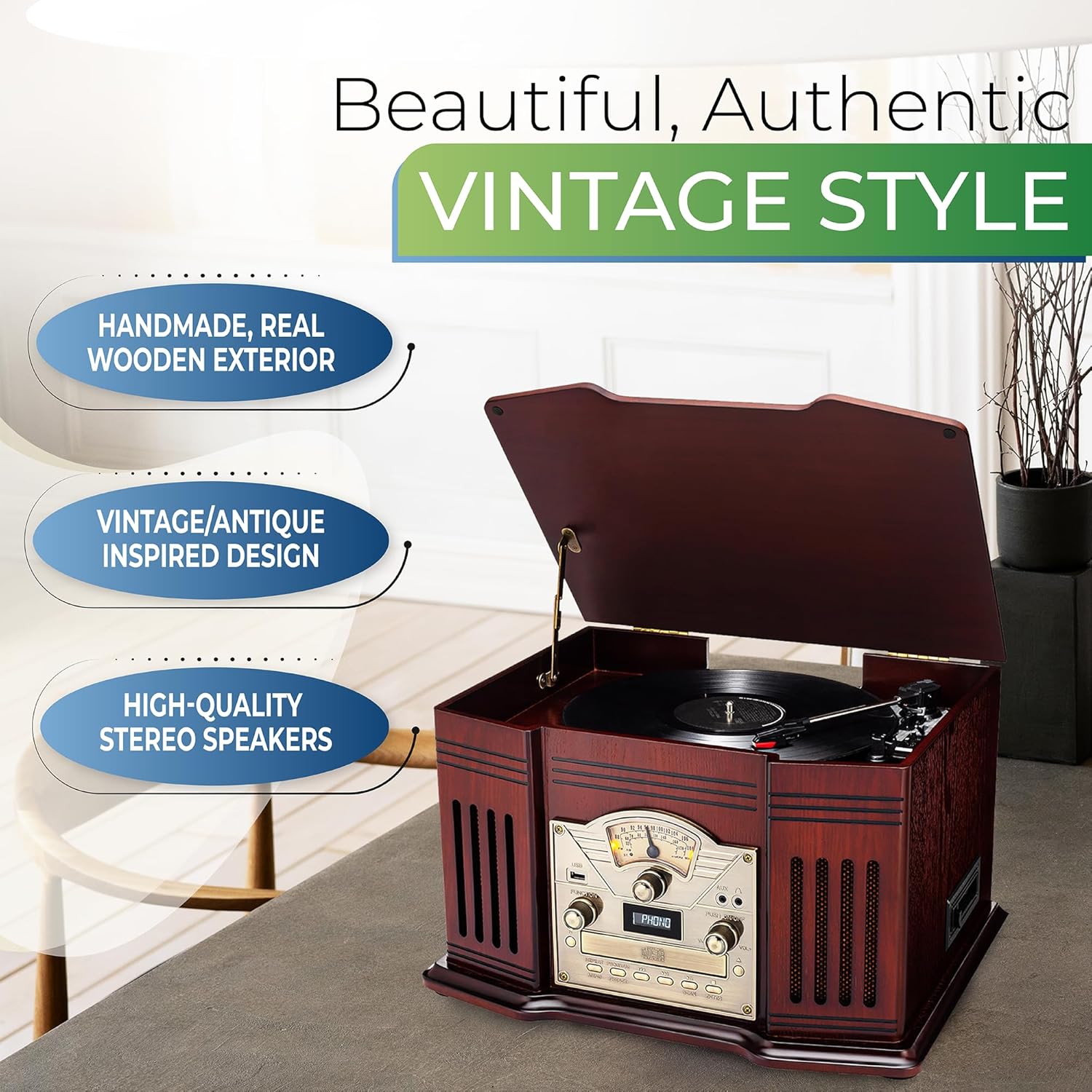 ClearClick All-in-One Turntable with 3-Speed Record Player, Bluetooth, CD, Cassette Tape, AM/FM Radio, Aux, USB, Built-in Speakers