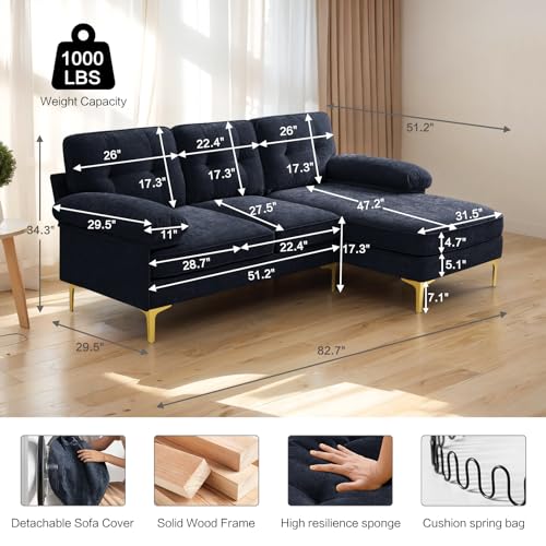 EASELAND 82" L-Shape Sofa with Reversible Chaise Lounge, Convertible Sectional Sofa Couch, Chenille Modern Sofa Couch for Living Room
