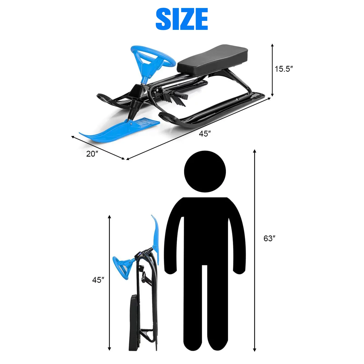 uhomepro Snow Racer Sled for Kids Toddlers Sports Toy, Classic Ski Slider Board with Steering Wheel, Twin Brakes, Durable Steel Frame