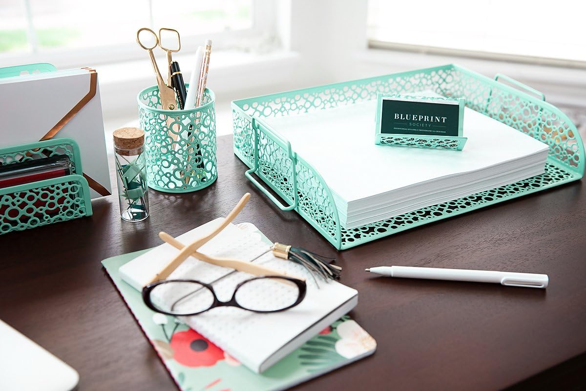 Blu Monaco Office Supplies Mint Green Desk Organizers and Accessories-5 Piece Cute Desk Organizer Set-Letter Tray-Pen Cup-Sticky Note Holder-Business