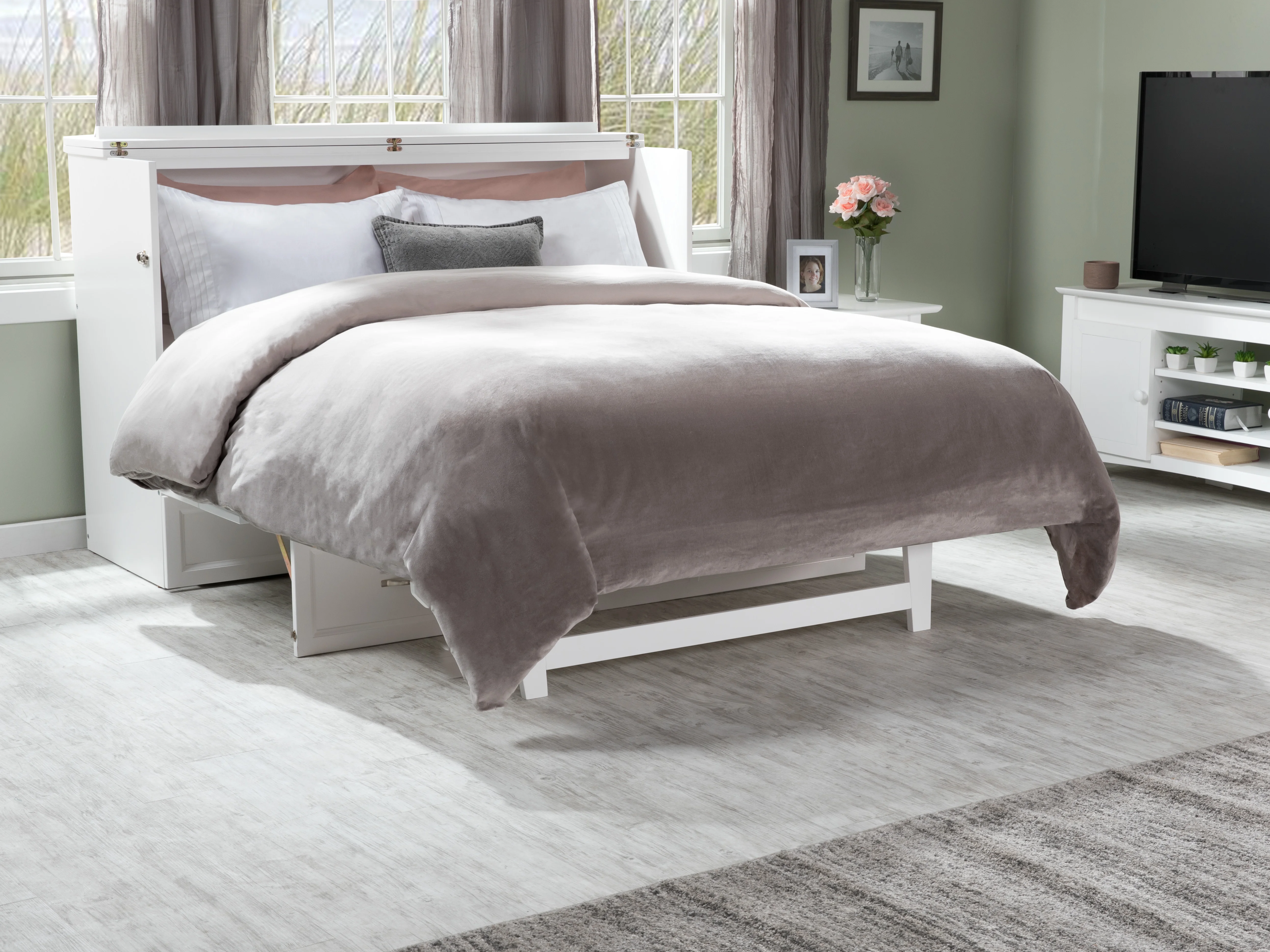 AFI Deerfield Queen Solid Wood Murphy Bed Chest with Mattress, Drawer & Charger in White