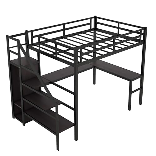 Bellemave Full Size Metal Loft Bed with L Shaped Desk and Wardrobe, Heavy Duty Loft Bed Frame with Storage Stairs