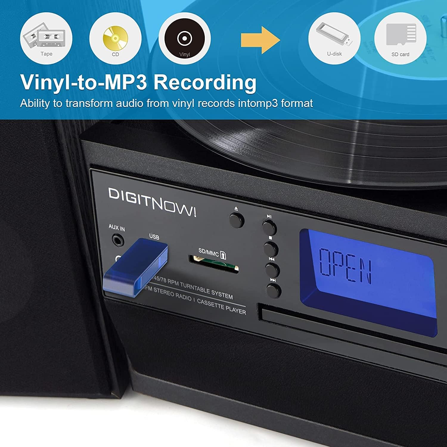 DIGITNOW Bluetooth Record Player Turntable with Stereo Speaker, LP Vinyl to MP3 Converter with CD, Cassette, Radio, Aux in and USB/SD Encoding
