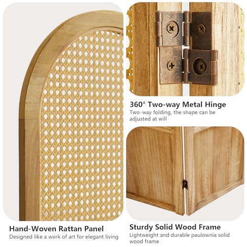 5.9 Ft Tall Hand-Woven Rattan Room Divider 3 Panels, Wood Room Divider Panel, Folding Screen Divider Wall, Wall Divider for Room Separation