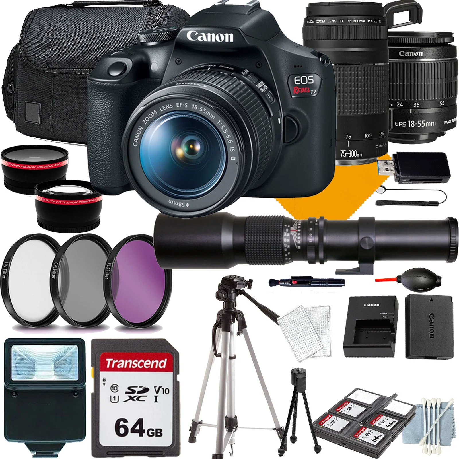 Canon EOS Rebel T7 DSLR Camera with 18-55mm+Canon EF 75-300mm f/4-5.6 III Lens+500mm f/8.0 Telephoto Lens for T-mount+COMMANDER Starter Kit+Lens